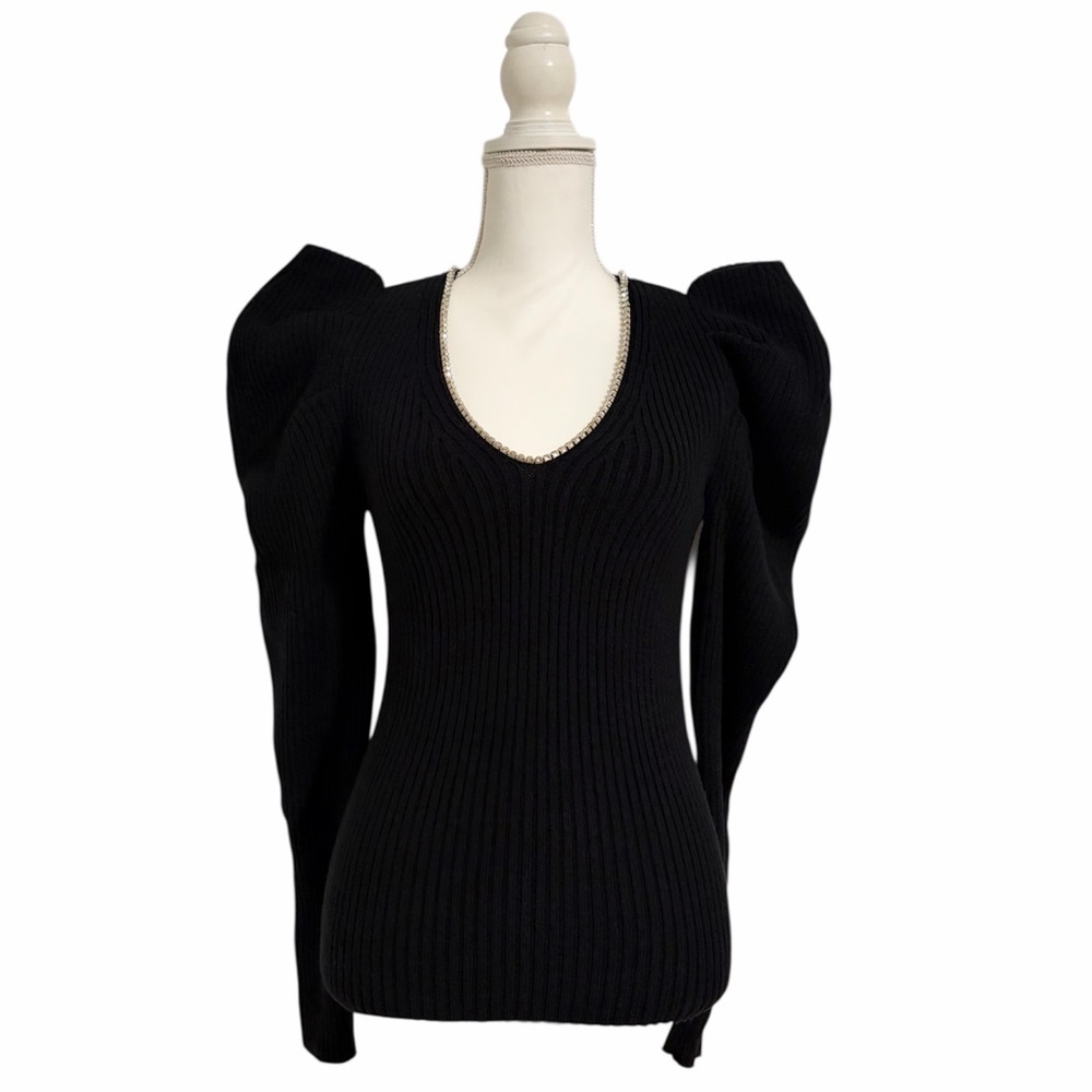 Express Black Ribbed Crystal Encrusted Neckline Puff Shoulder Sweater Women’s Sm